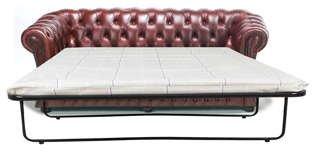 gladstone brązowa skórzana rozkładana sofa Chesterfield