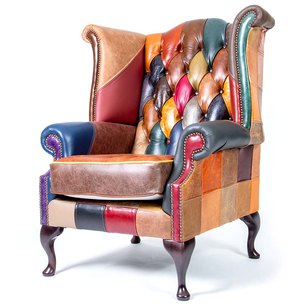 sillón de orejas Chesterfield de patchwork arlequín